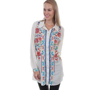 Skully Embroidered Long Sleeve Button Down Top Size Medium Cream Boho Festival